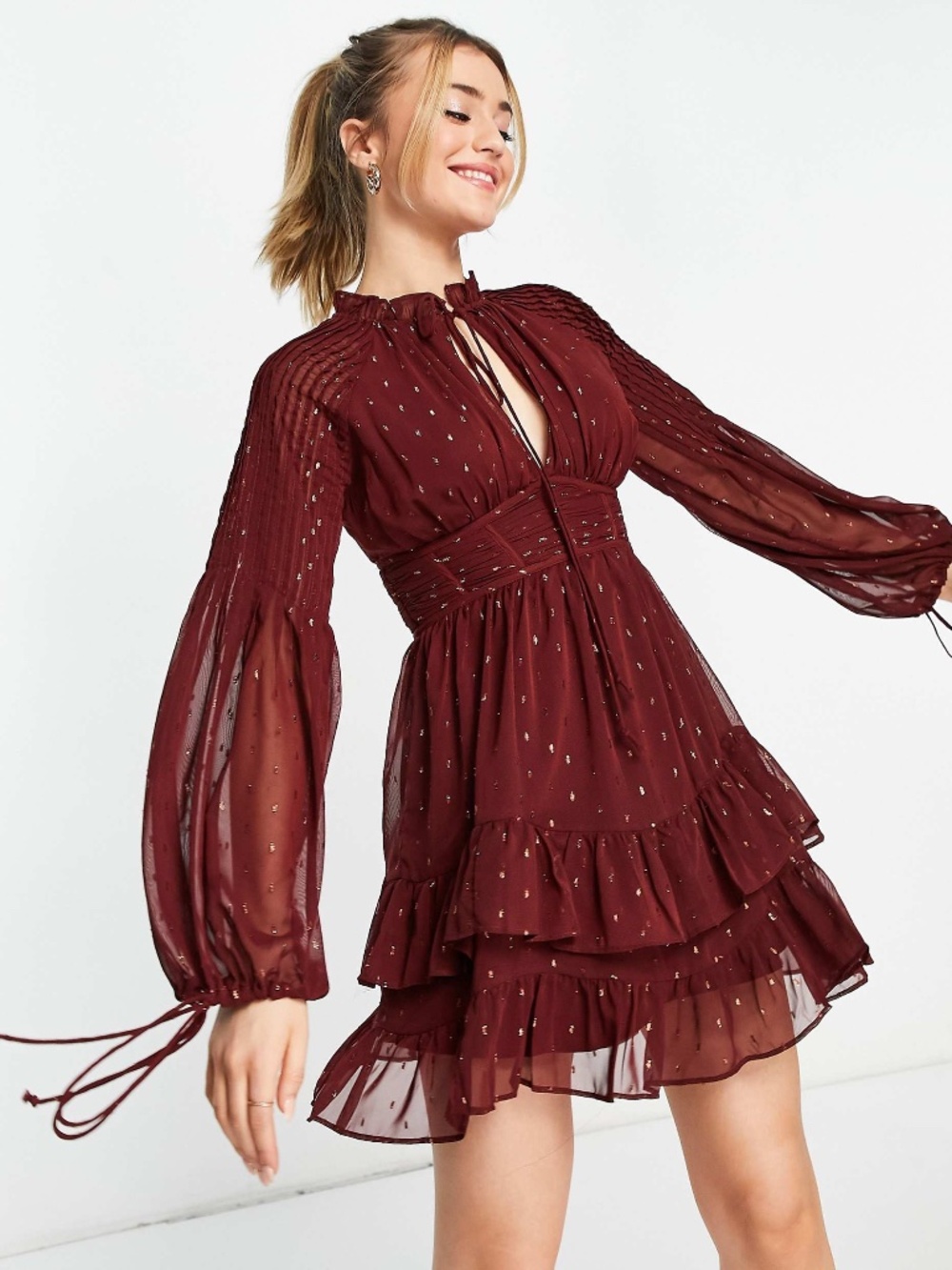 STUNNING ASOS burgundy mini dress with tie up detail and ruffle hem - size 14